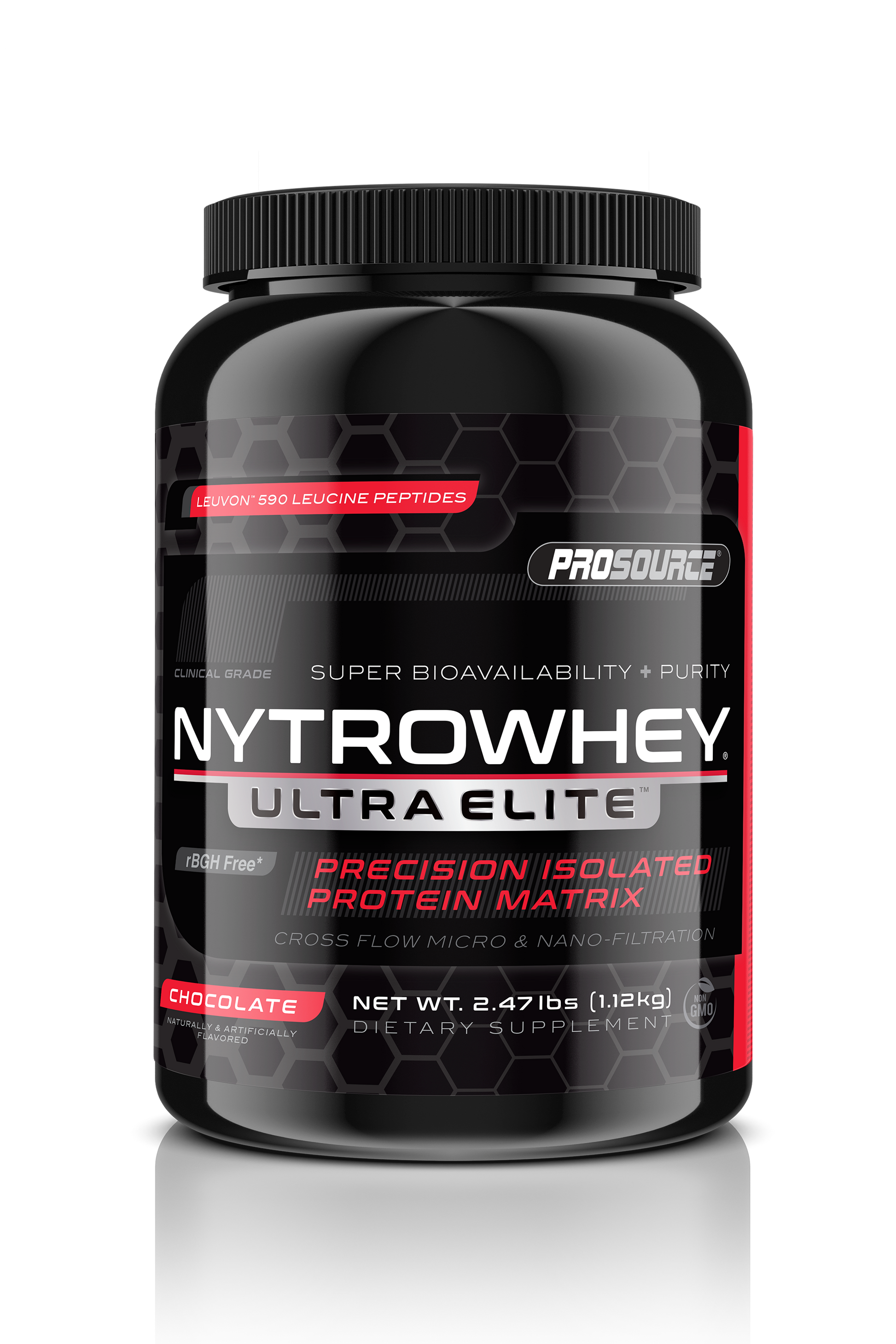 super bioavailability and purity cross flow micro and nano filtration prosource NytroWhey Ultra Elite precision isolated protein matrix leuvon 590 leucine peptides rBGH free net weight 2.47 lbs chocolate