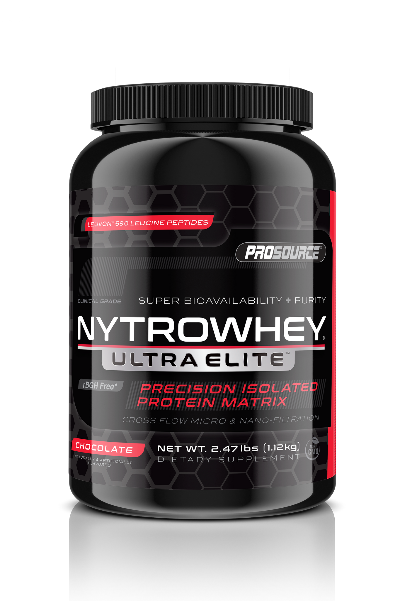 super bioavailability and purity cross flow micro and nano filtration prosource NytroWhey Ultra Elite precision isolated protein matrix leuvon 590 leucine peptides rBGH free net weight 2.47 lbs chocolate