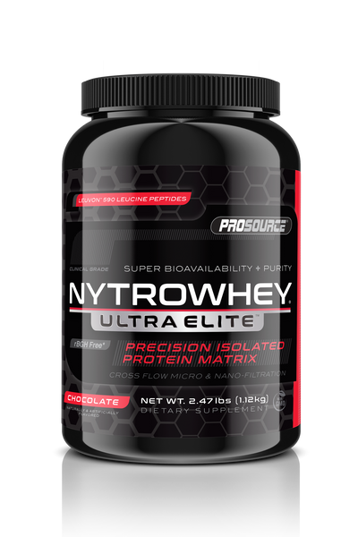 super bioavailability and purity cross flow micro and nano filtration prosource NytroWhey Ultra Elite precision isolated protein matrix leuvon 590 leucine peptides rBGH free net weight 2.47 lbs chocolate