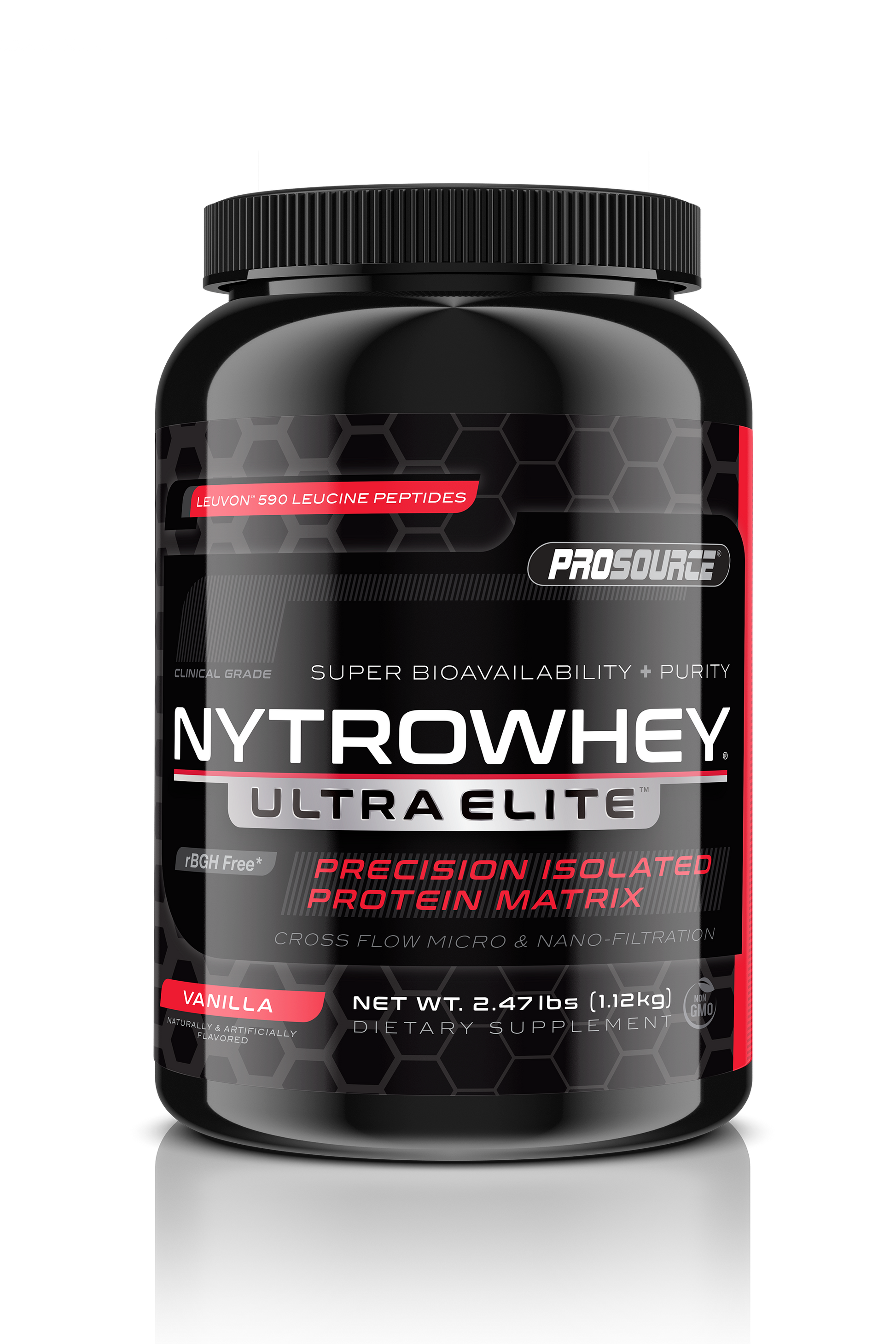 super bioavailability and purity cross flow micro and nano filtration prosource NytroWhey Ultra Elite precision isolated protein matrix leuvon 590 leucine peptides rBGH free net weight 2.47 lbs vanilla