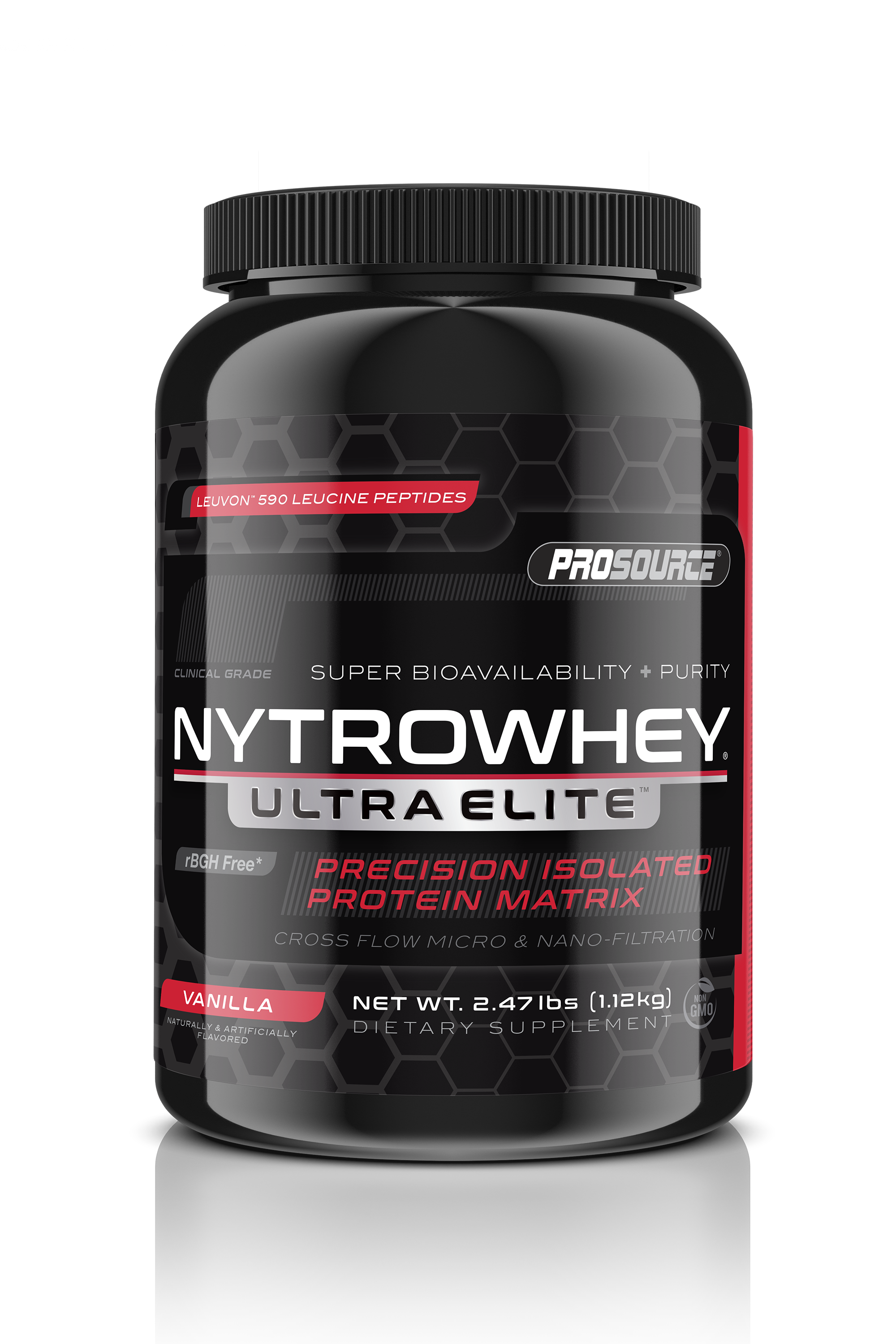super bioavailability and purity cross flow micro and nano filtration prosource NytroWhey Ultra Elite precision isolated protein matrix leuvon 590 leucine peptides rBGH free net weight 2.47 lbs vanilla