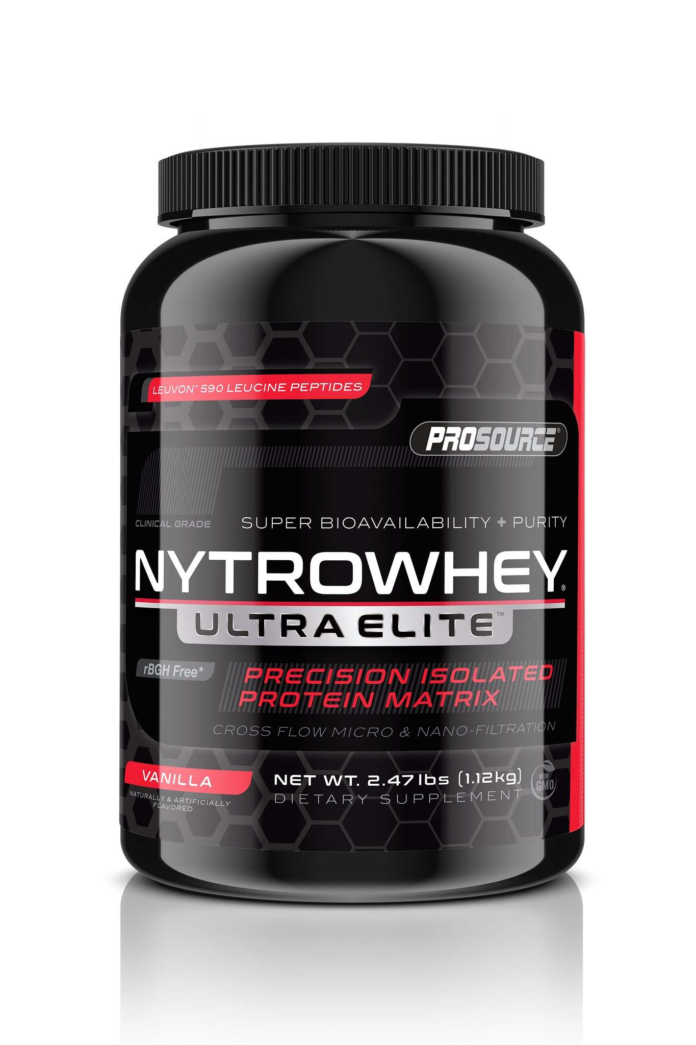 super bioavailability and purity cross flow micro and nano filtration prosource NytroWhey Ultra Elite precision isolated protein matrix leuvon 590 leucine peptides rBGH free net weight 2.47 lbs vanilla