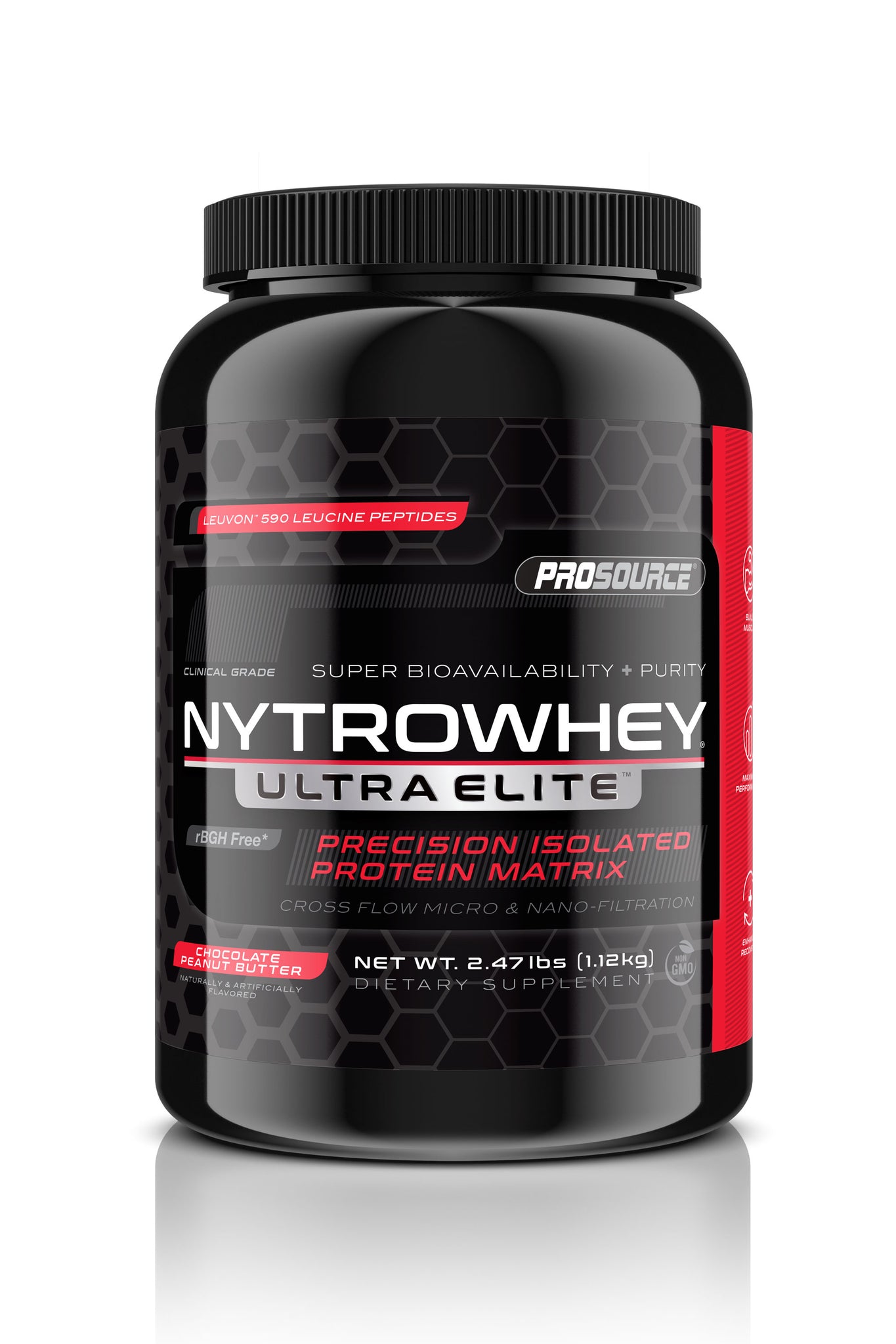 super bioavailability and purity cross flow micro and nano filtration prosource NytroWhey Ultra Elite precision isolated protein matrix leuvon 590 leucine peptides rBGH free net weight 2.47 lbs chocolate peanut butter 