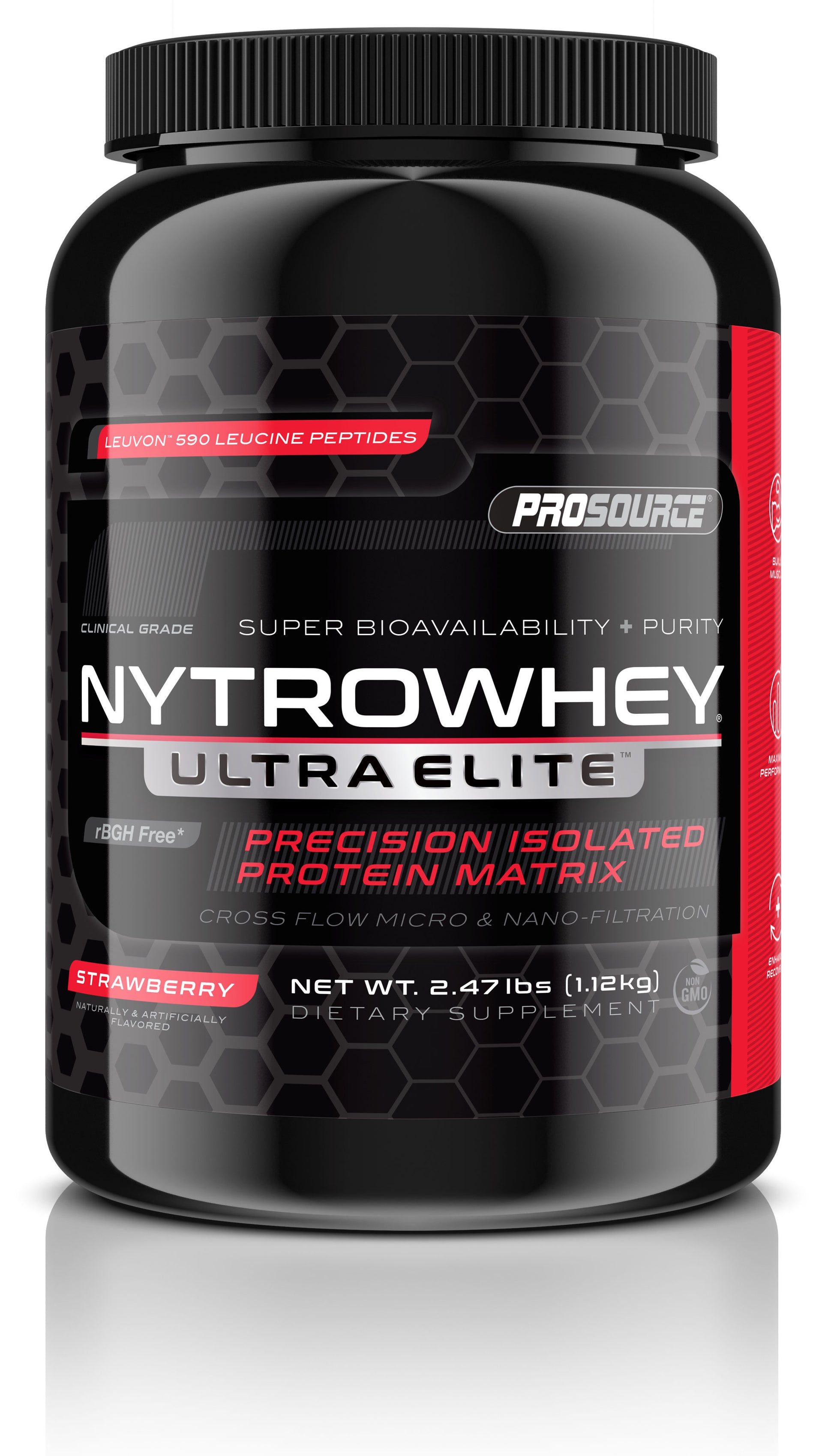 super bioavailability and purity cross flow micro and nano filtration prosource NytroWhey Ultra Elite precision isolated protein matrix leuvon 590 leucine peptides rBGH free net weight 2.47 lbs strawberry